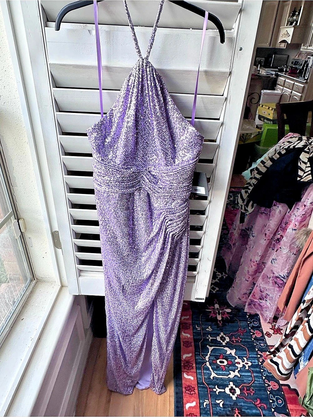 Ieena for Mac Duggal 27128 Sequin Halter Slit Gown Purple Large NWT